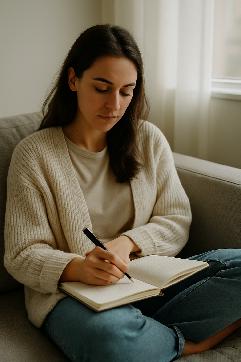 A young woman sits quietly on a light gray couch, journaling in a notebook with soft natural light coming through a window, creating a calm and reflective atmosphere.