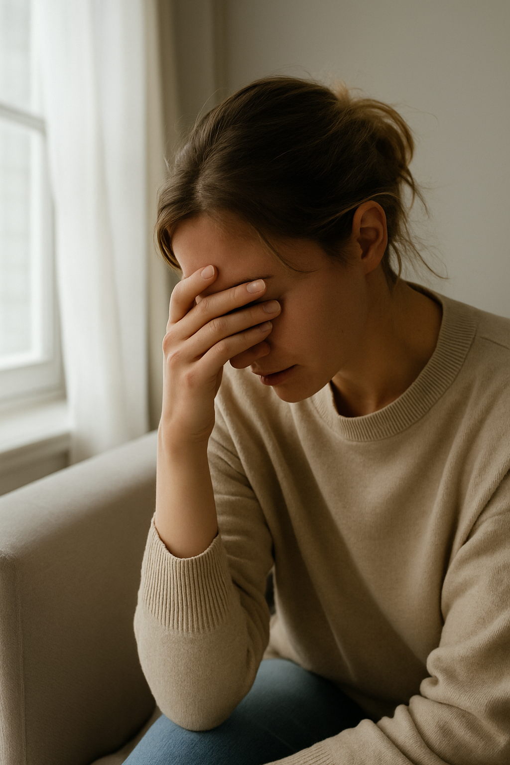 A woman in a beige sweater sits by a window with her head bowed and hand covering her face, expressing emotional distress and reflection in soft natural light.
