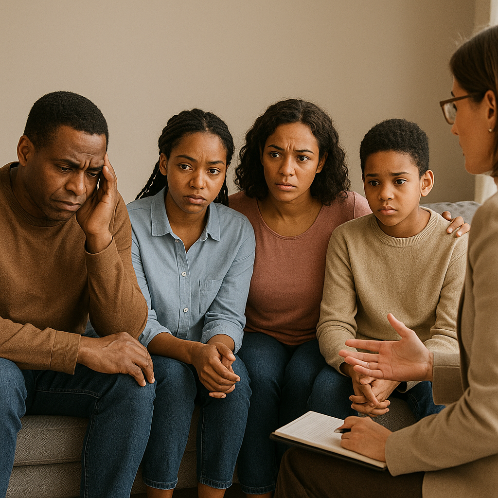 African American family in a therapy session with a female therapist in New York, sitting together on a couch and discussing difficult emotions.