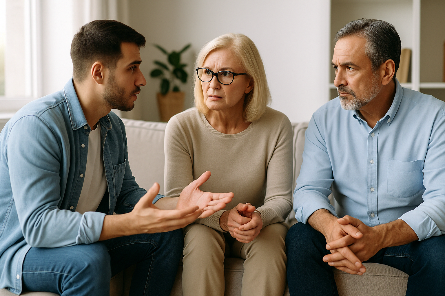 Adult son having a serious conversation with his mother and father in a bright living room, highlighting parent-child communication issues and efforts to improve family relationships.