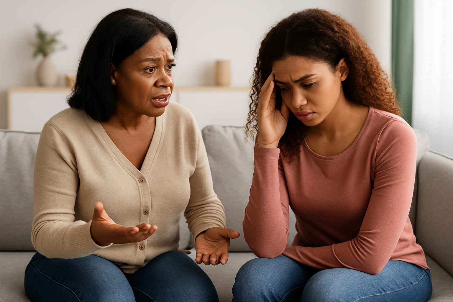 Middle-aged African American mother speaking with concern to her distressed adult daughter, illustrating mother-daughter conflict and family estrangement."