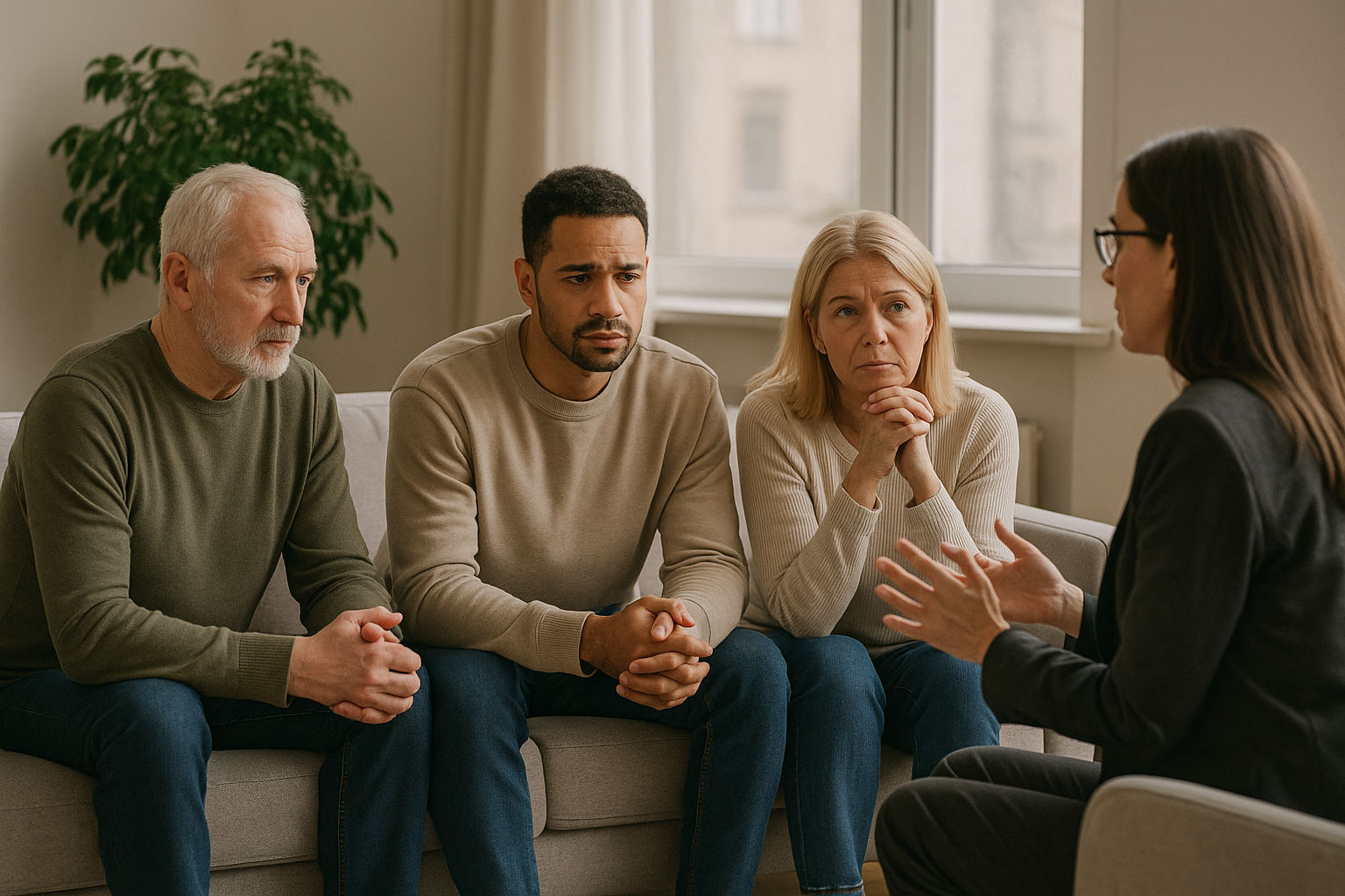 Adult family—father, adult son, and mother—speaking with a female therapist in a bright living room during an adult family therapy session in New York.