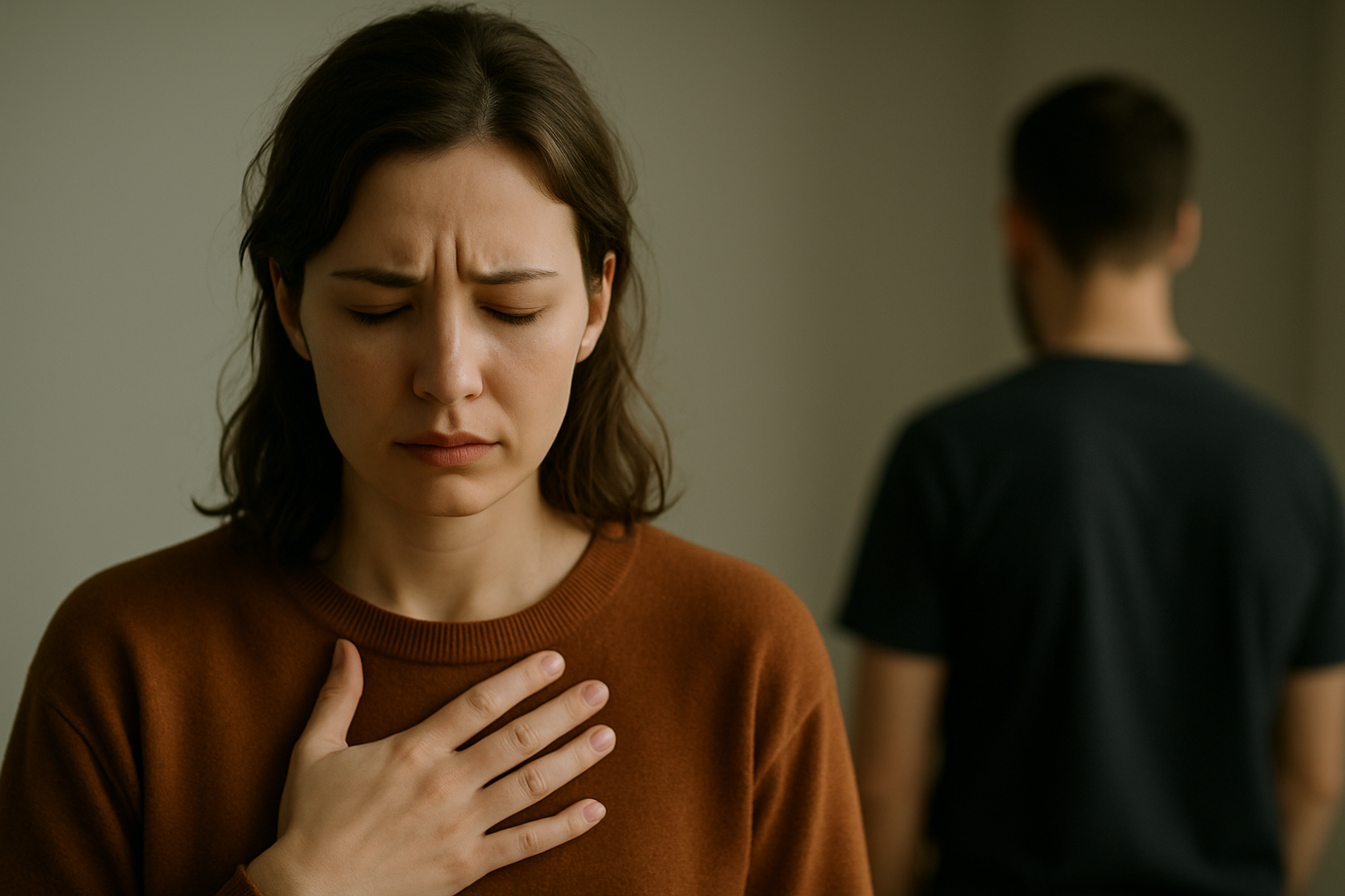 A woman stands in soft natural light, hand on her chest, reflecting on emotional distance and healing from fear of abandonment.
