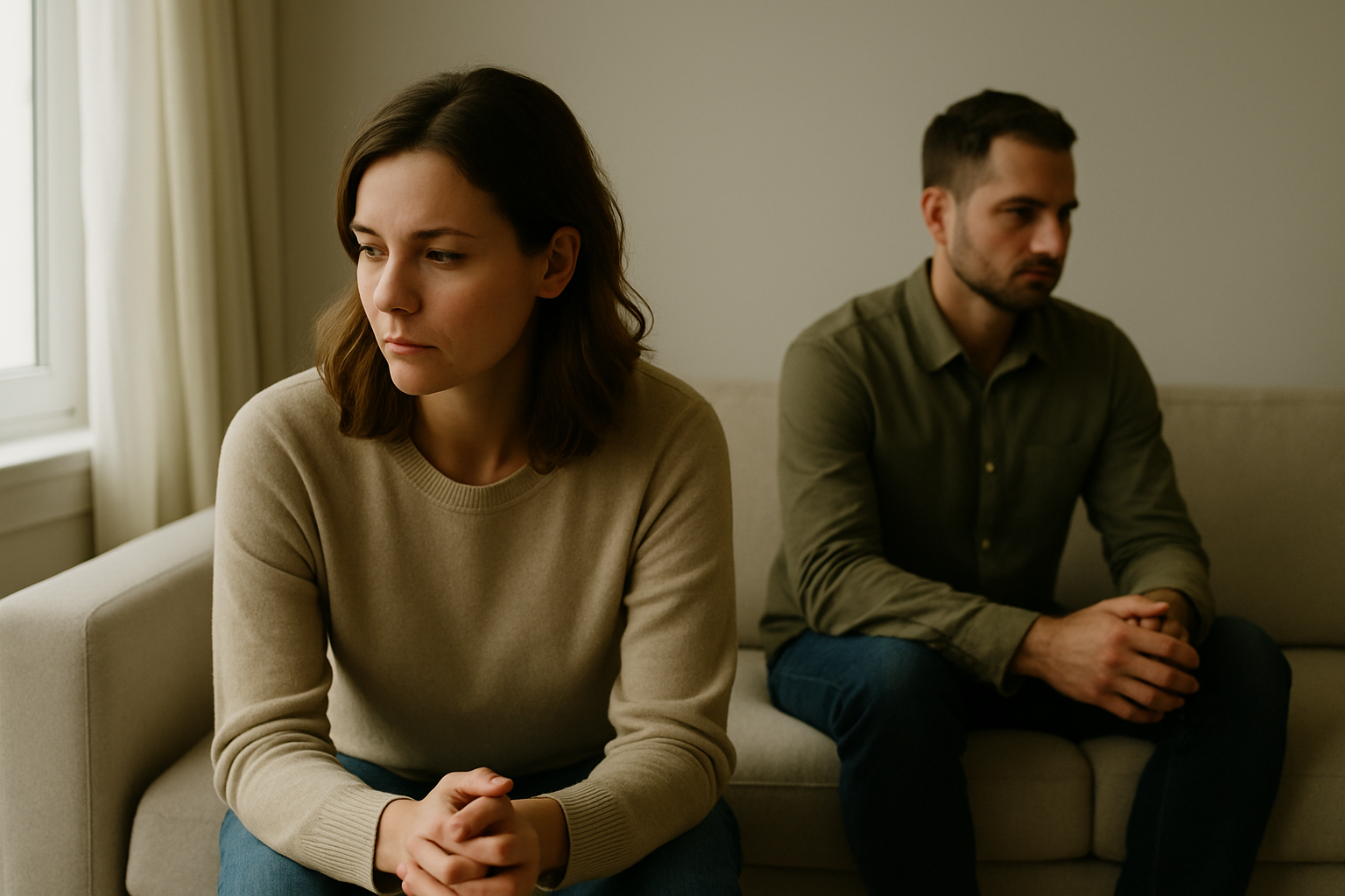 A couple sits apart on a beige couch, reflecting emotional distance and uncertainty about saving their marriage.