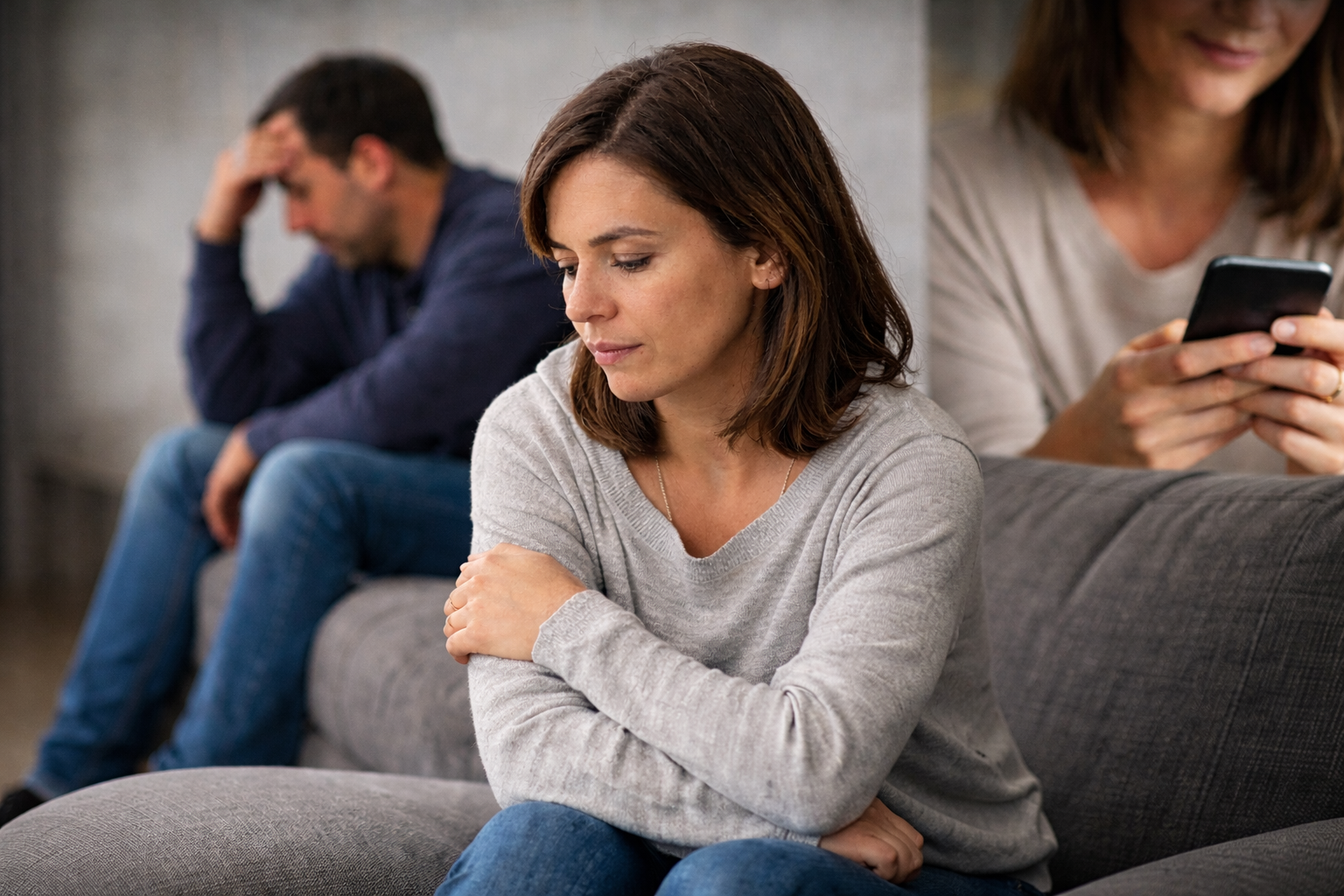 Couple sitting apart on couch experiencing emotional disconnection